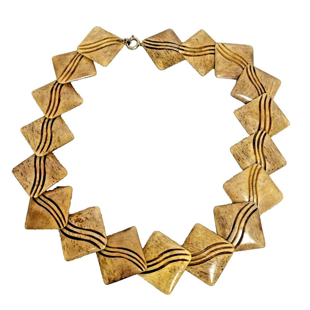 Vintage Natural Carved Geometric Statement Necklace Tribal Boho Artisan 14"